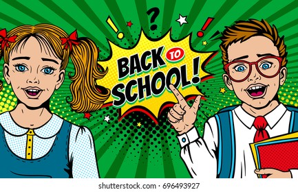 Wow faces. Cute surprised school girl and boy in glasses holding notebooks with open mouth points on Back to School speech bubble. Vector colorful cartoon background in retro pop art comic style.