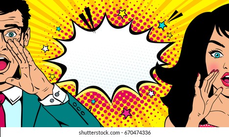 Wow faces. Handsome surprised man in glasses and sexy surprised woman with open mouths rising hands screaming announcement. Vector cartoon background in retro pop art comic style. Invitation poster