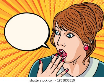 Wow Female Face Cartoon. Pop Art Vector Icon Illustration, Isolated on Premium Vector