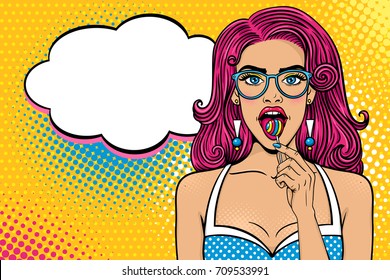 Wow female face. Sexy girl in glasses with long pink hair, open mouth, bright lollipop in her hand and speech bubble. Vector colorful background in pop art retro comic style.  Candy shop poster.