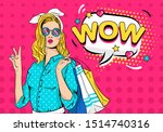 Wow female face. Sexy surprised young woman in glasses sale and blonde curly hair holding shopping bags. Vector bright background in pop art retro comic style.