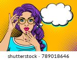 Wow female face. Sexy surprised young woman in glasses with open mouth and bright curly hair and empty speech bubble. Vector colorful background in pop art retro comic style. Party invitation poster.