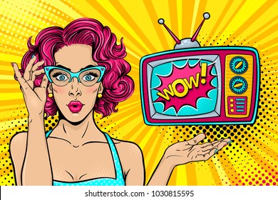 Wow female face. Sexy surprised young woman in glasses with open mouth and bright curly hair and Wow retro tv set. Vector colorful background in pop art retro comic style. Party invitation poster.