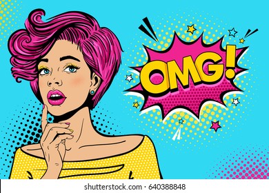 Wow female face. Sexy surprised young woman with open mouth and pink hair, bright makeup and OMG! speech bubble. Vector colorful background in pop art retro comic style. Party invitation poster.