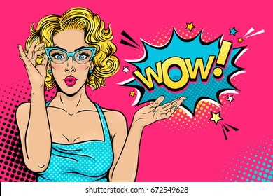 Wow female face. Sexy surprised young woman in glasses with open mouth and blonde curly hair and speech bubble. Vector bright background in pop art retro comic style. Party invitation poster.