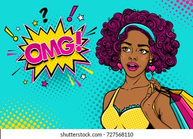 Wow Female Face. Sexy Surprised Young Afro Woman With Open Mouth And Curly Hair Holding Shopping Bags And Looking At The OMG! Speech Bubble. Vector Colorful Background In Pop Art Retro Comic Style. 