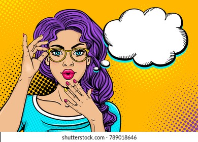 Wow female face. Sexy surprised young woman in glasses with open mouth and bright curly hair and empty speech bubble. Vector colorful background in pop art retro comic style. Party invitation poster.