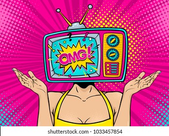 Wow female face. Sexy young surprised woman with retro tv set instead of her head with OMG speech bubble rising hands. Vector colorful background in retro comic pop art style. Party invitation poster.