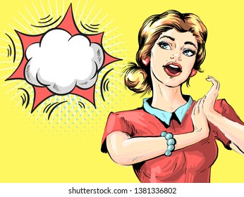 Wow female face. surprised young woman with open mouth and blond hair, bright makeup and speech bubble. Party invitation poster.