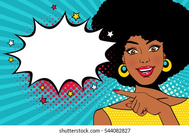 Wow female face. Young sexy surprised african american woman with open smile and hand pointing on empty speech bubble. Vector colorful background in pop art retro comic style. Party invitation poster.