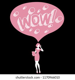 Vaya burbuja del discurso femenino. Sorprendida joven con teléfono móvil y papeles estilo retro de historieta vector de fondo. Fiesta y venta un afiche de dos colores.