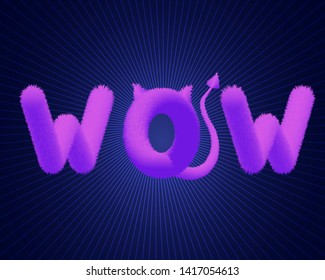 wow, fluffy text, soft inscription, lilac text wow, text with tail and ears, vector illustration