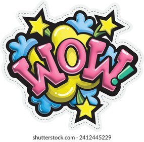 Wow! Fun and colorful kids sticker. Vector decal.