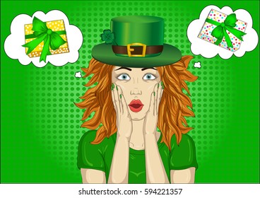 Wow. Girl in hat  hat  St. Patrick's Day, very surprised. Young woman with her mouth open in shock. Everyone needs to buy gifts for the holiday. What gift to choose.  Thought Bubbles