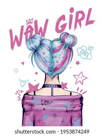 Wow girl illustration. Teenager back with colorful blue and pink color hardress. Funny girlish poster with comics elements. Modern gain style