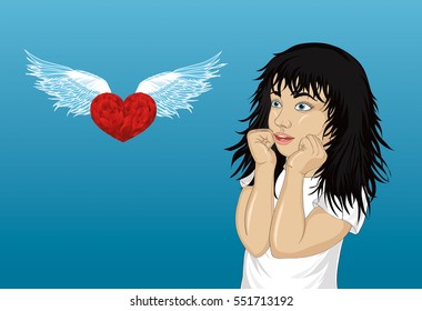 Wow. Girl looking surprised on heart with wings and shows hands wow. Vector. Portrait dreaming baby on a blue background. Pop art style.  Valentine's Day card