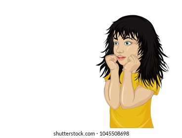 Wow. Girl looking surprised and shows hands wow. Vector. Portrait dreaming baby on a white  background. Pop art style. 