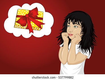 Wow. Girl looking surprised and shows hands wow. Vector. Child dreaming about a gift on a red background. Pop art style. Thought bubbles