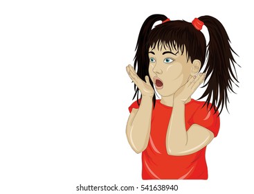 Wow. Girl looking surprised and shows hands wow. Vector. Portrait on white  background. Pop art style