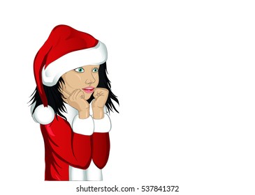 Wow. Girl in Santa Claus costume very surprised. Vector. Portrait dreaming baby on a white  background. Pop art style.