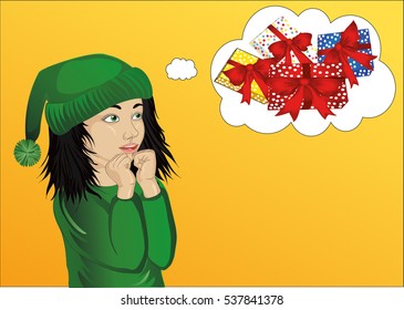 Wow. Girl very surprised. Vector. Patrick's Day. Child dreaming about a gifts  on a yellow background. Pop art style. Thought bubbles