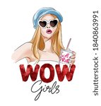 wow girls sequins slogan with hand drawn girl in sunglasses illustration