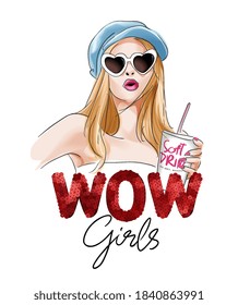 Wow Girls Sequins Slogan With Hand Drawn Girl In Sunglasses Illustration