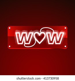 Wow. Glowing neon sign on transparent signboard. Illustration for your business, bar, restaurant, cafe, night club