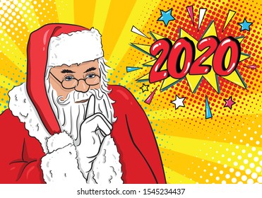 Wow, the good-natured Santa Claus points a finger at the arrival of 2020. Christmas character of emotional reaction. Pop art retro vector illustration.