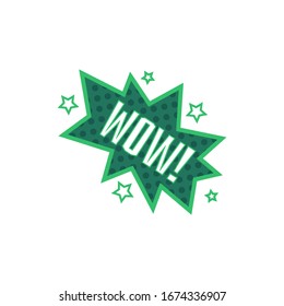 ¡WOW! Icono de palabra estilo libro de historietas verde con efecto de explosión estrella aislado en fondo blanco - pegatina de texto retro colorido, ilustración vectorial plana.
