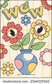 Wow groovy banner hippie design