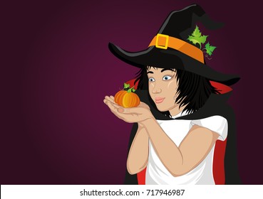 Wow !Halloween. Happy girl in a hat and a witch costume blowing pumpkin from her hands. Vector. Greeting card or invitation for holiday or party. Pop art style
