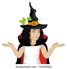 Wow !Halloween. Happy girl in a hat and a witch costume blowing something from her hands. Empty space for your advertising Vector. Greeting card or invitation for holiday or party. Pop art style.