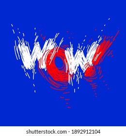 ¡WOW! Dibujaron letras rojas y blancas con un fondo azul. Grabación vectorial para tarjeta, portada, afiche, logotipo. 