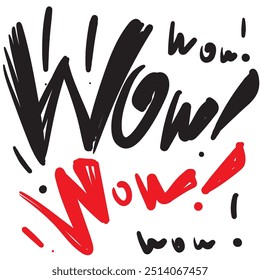 WOW hand drawn word set. Expression doodle text, scribble lettering, wow sketched print, emotional typography, black event quote, font, dynamic vector illustration