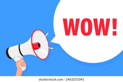 Wow. Hand hold megaphone speaker for announce. Attention please. Shouting people, advertisement speech symbol