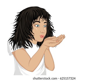 Wow! Happy girl blowing something from her hands. Vector.  Empty space for advertising. Vector. Portrait of a child on a white background. Pop art style