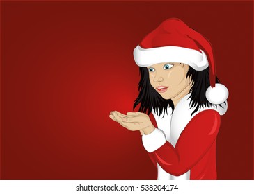 Wow! Happy girl in costume Santa Claus holding something in his hands. Empty space for advertising. Vector. Portrait of a baby on a red background. Pop art style