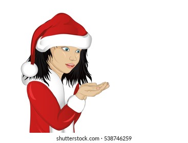 Wow! Happy girl in costume Santa Claus holding something in his hands. Empty space for advertising. Vector. Portrait of a baby on a white background. Pop art style