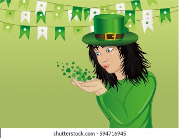 Wow! Happy girl in a hat and suit clover blows with their hands. Card for St. Patrick's Day. Vector illustration. Portrait of a child on a green background with a garland of flags.