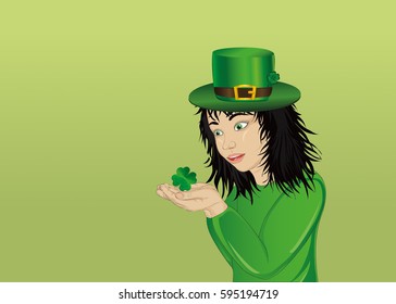 Wow! Happy girl in a hat and suit clover on St. Patrick's Day in his hands. Vector. Portrait of a baby on a white background.