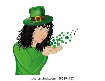 Wow! Happy girl in a hat and suit clover blows with their hands. Card for St. Patrick's Day. Vector illustration. Portrait of a child