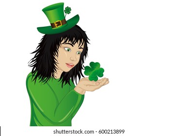 Wow! Happy girl in a hat and suit clover on St. Patrick's Day in his hands. Vector. Portrait of a baby on a white background.
