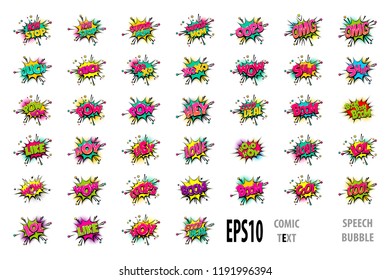 Wow hey cool pow boon pop art style big set hand drawn sound effects template comics book text speech bubble. Halftone dot background.