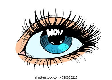 wow highlight in the eye. Female eyes with blue pupil. Pop art retro vector illustration