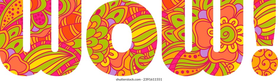Wow. Textsymbol für Vektorausdrucke im Hippie-Stil
