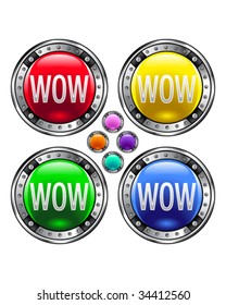 Wow icon on round colorful vector buttons suitable for use on websites, in print materials or in advertisements.  Set includes red, yellow, green, and blue versions.