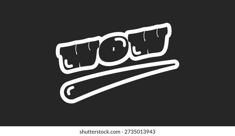 WOW interjection retro black outline social media phrase. Shoutout reaction. Exclamation shout. Excitement. Rounded bubble letters with swoosh. Vintage sports, varsity typography. Oi font used