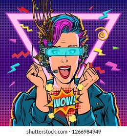 wow joy vr glasses woman gamer virtual reality online. 80s girl. Pop art retro vector illustration kitsch vintage. 80s girl woman