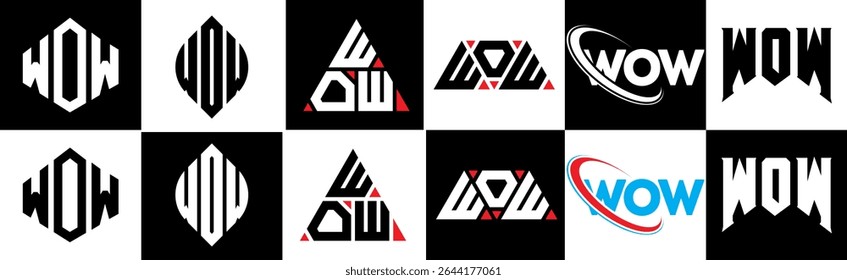 WOW letter logo design in six style. WOW polygon, circle, triangle, hexagon, flat and simple style with black and white color variation letter logo set in one artboard. WOW minimalist and classic logo